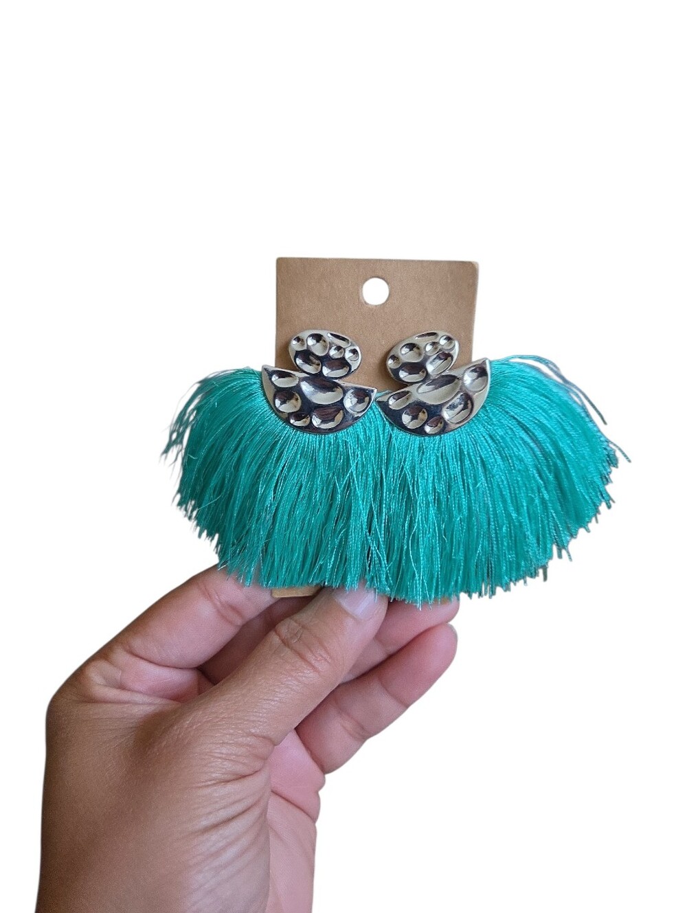 Silver Toned Turquoise Tassel Fringe Statement Earrings